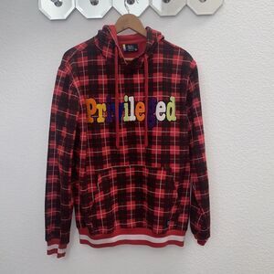 Bleeker & Mercer Plaid Privileged Hoodie Sweatshirt Medium